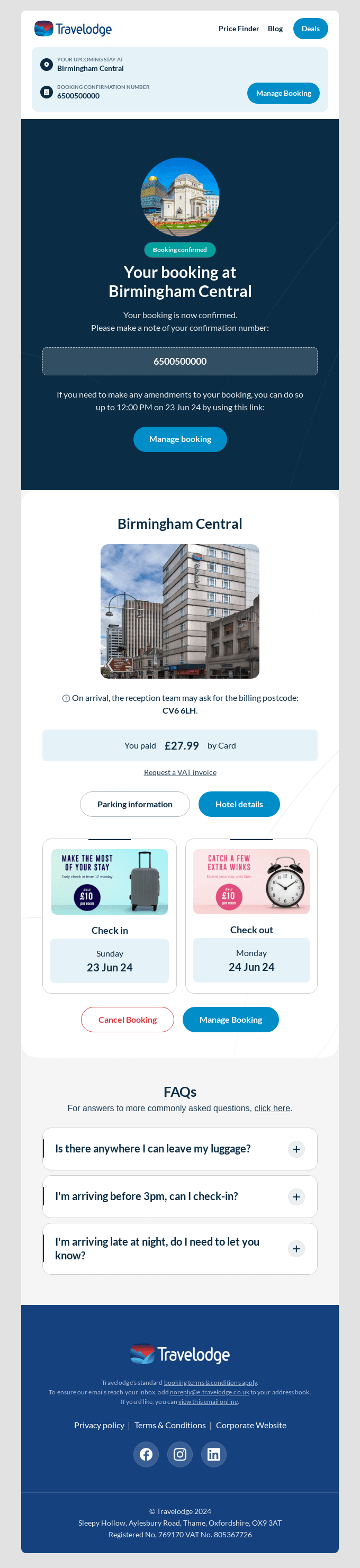 Travel Lodge hotel booking confirmation email with reservation details, booking number, modification links, and expandable FAQ section for customer convenience